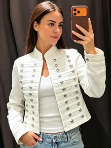 Chaqueta vaquera acortada con botones, temporada media 2026, estilo Y2K, lavado azul claro, cuello en O, manga larga, corte ajustado; chaqueta vaquera para mujer, moda urbana, ideal para salidas nocturnas y uso como prenda exterior.