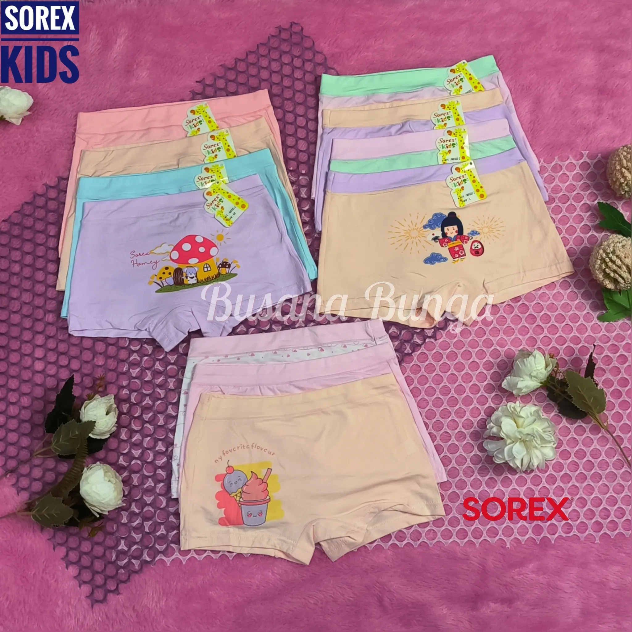 Sorex Kids (3pc, 6pc, 12pc) CD/Celana Dalam Anak Perempuan Boxer MA501, MA502, MA503 SuperSoft Super Lembut