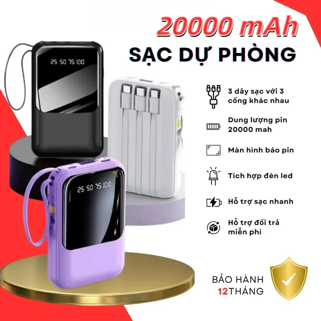 Pin Sạc Dự Phòng Cầm Tay Dung Lượng Lớn 20000mAh, Đi Kèm Với 4 Cáp Để Sạc Tất Cả Các Mẫu Điện Thoại Di Động Đèn LED Tích Hợp, Bao Gồm Cáp Sạc Nhanh Miễn Phí