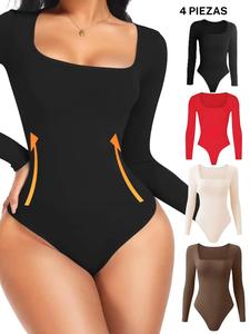Body moldeador de manga larga con cuello cuadrado para mujer, cómodo y casual con control de abdomen y elevación de glúteos, ropa moldeadora para damas para todas las estaciones