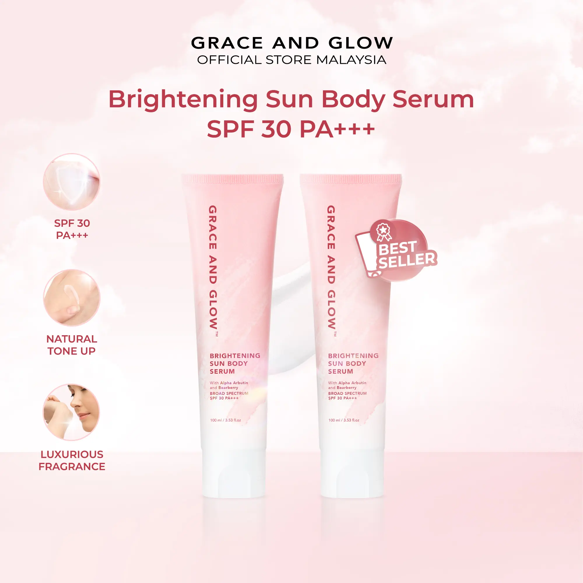 Grace and Glow 2Pcs Brightening Sun Body Serum SPF 30 PA+++ - For Bright and Smooth Skin Lotion Badan Wangi