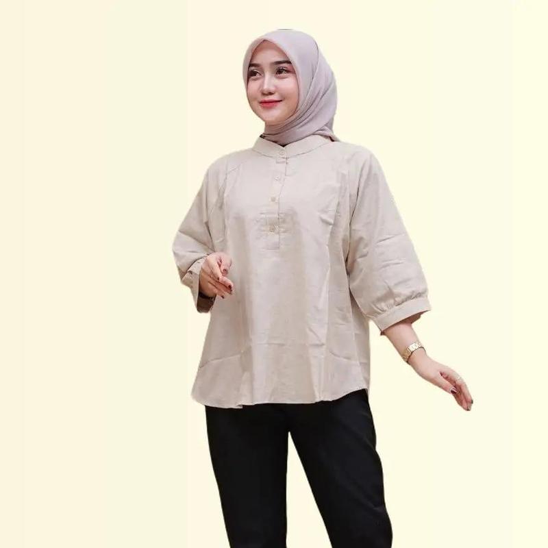 Blouse Wanita Jumbo katun linen Kerah Shanghai Kemeja Lengan 3/4 baju  Atasan Linen Oversize Casual Santai Terbaru 1