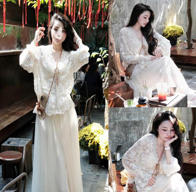  BIGSIZE HIẾU HIẾU  55-95KG  - Set thời trang sang chảnh Áo ren hoa tay dài cổ v + Chân váy voan dáng dài S613 