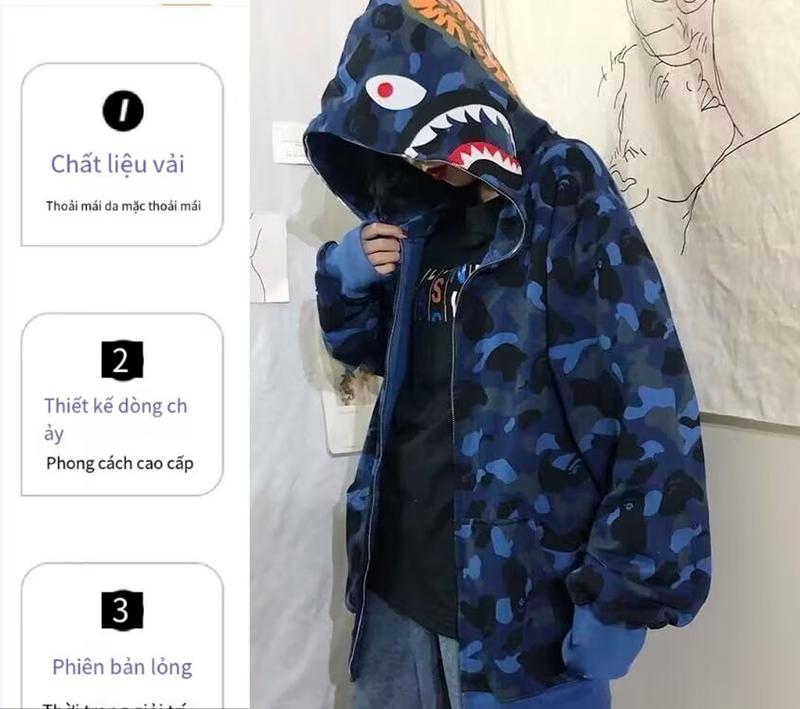  Áo Nỉ Rằn Ri Thiết Kế In Hình Cá Mập Dành Cho Nam Giới Unisex Dáng Rộng Vừa Vặn Phong Cách Hàn Quốc Áo Khoác Thương Hiệu Hợp Xu Hướng Nhật Bản Menswear Hoodie 