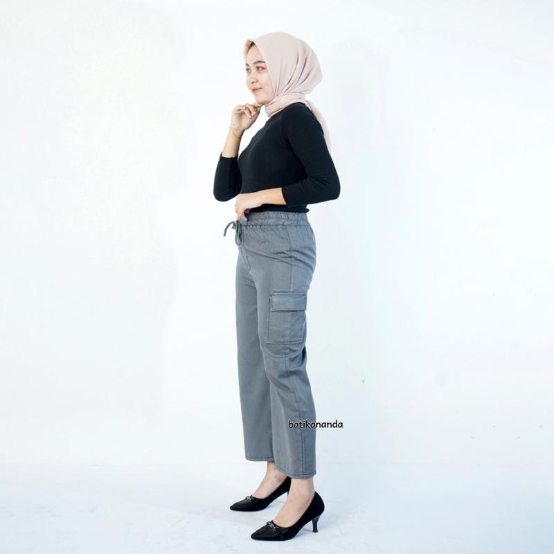 Celana Kulot Cargo Jeans // Celana Cargo wanita Jeans Panjang Harga Grosiran Hitam Karet Loose Cewek 2