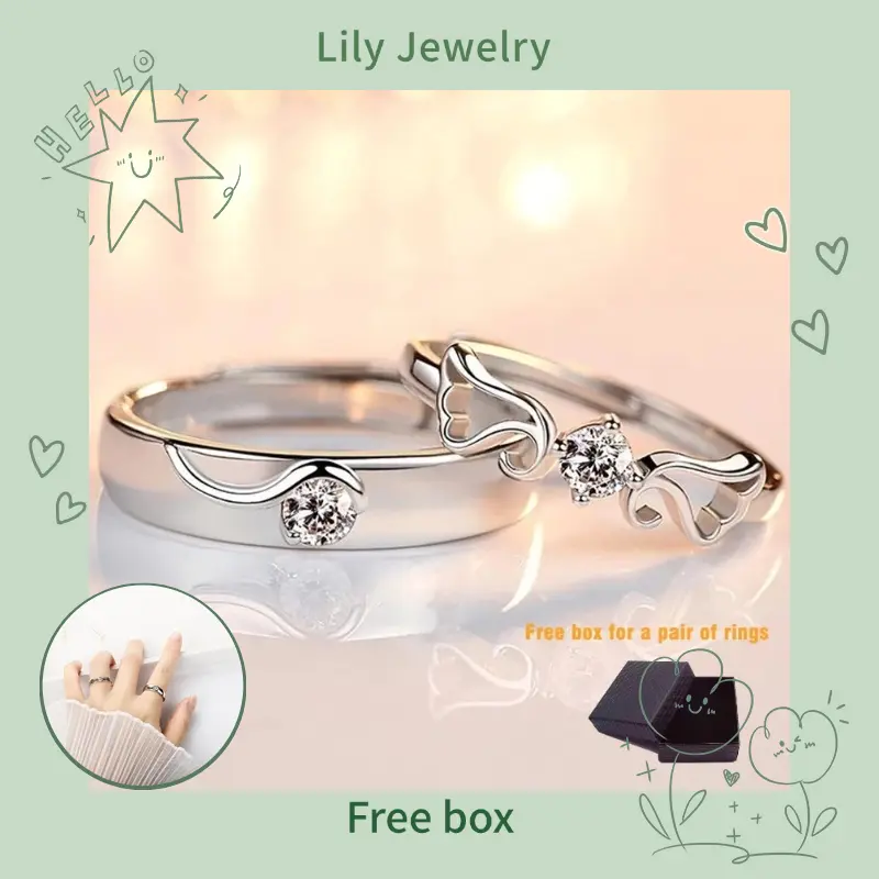 [With box]S925 silver Couple Rings Open Adjustable Diamond Wings Pair Rings
