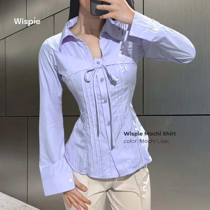 Wispie Mochi Shirt | Kemeja Wanita Lengan Panjang Tali Pita Slim Fit Soft Touch Parachute Blue Pink Cream Grey 0