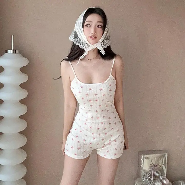 Lucu Bodysuit ,baju tidur wanita Motif Bunga  Desain Tanpa Punggung Desain Ikat Pinggang Potongan Ramping