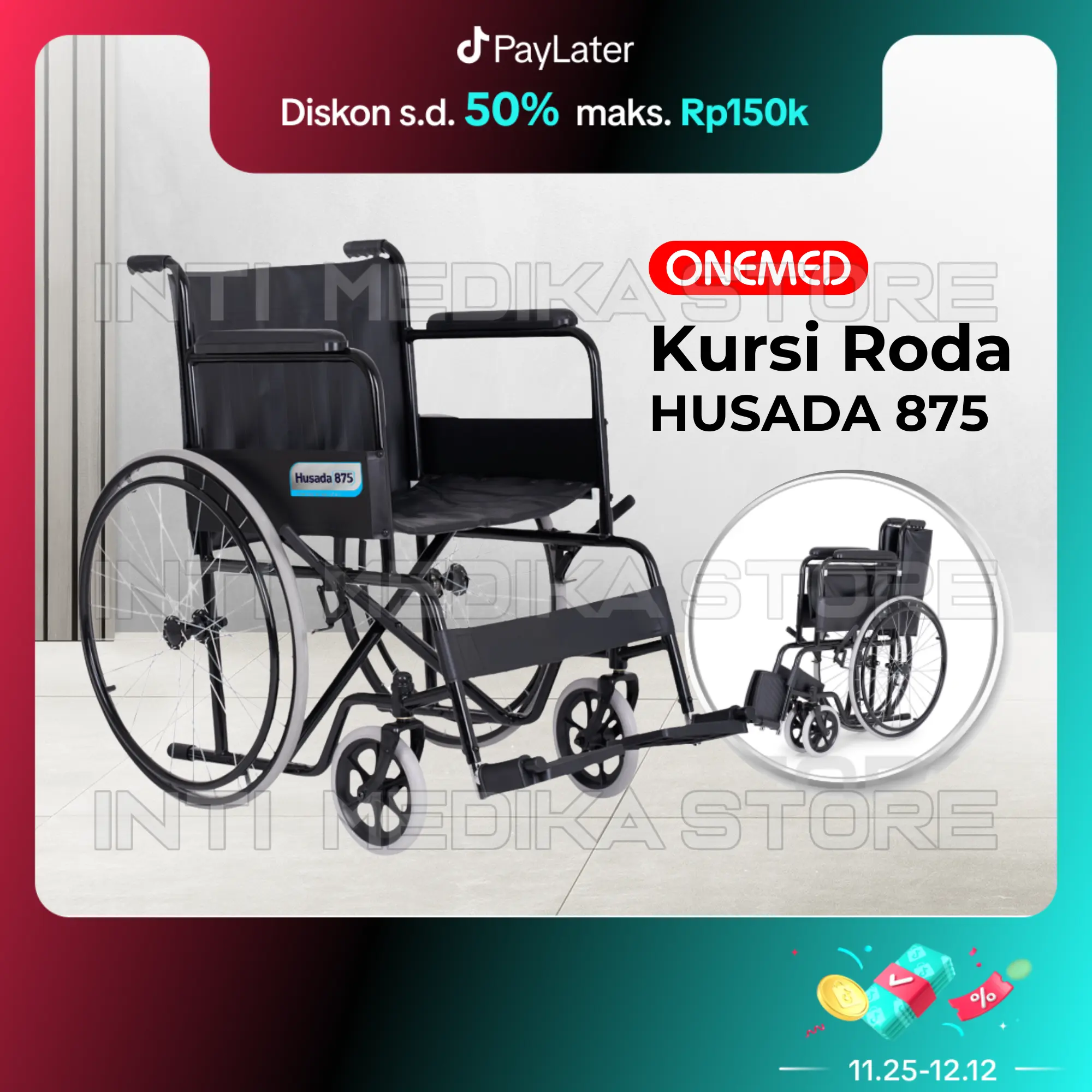 ONEMED - Kursi Roda STANDAR Rumah Sakit Black Steel Frame HUSADA 875