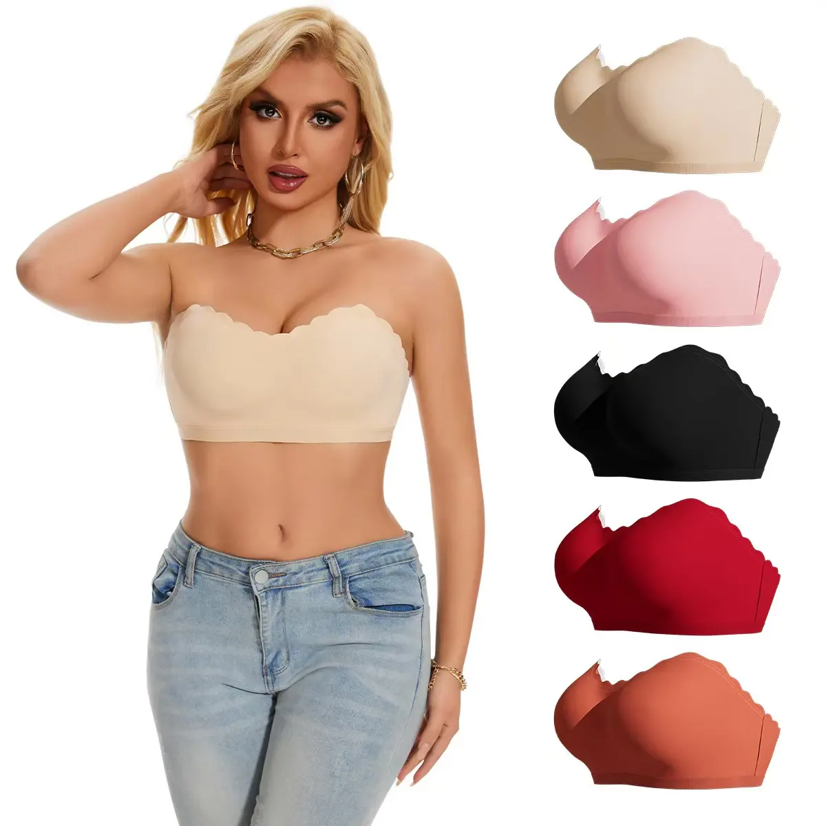 No steel ring gathered chest hugging underwear, thin cup breathable strapless, one line circumference, women's strapless