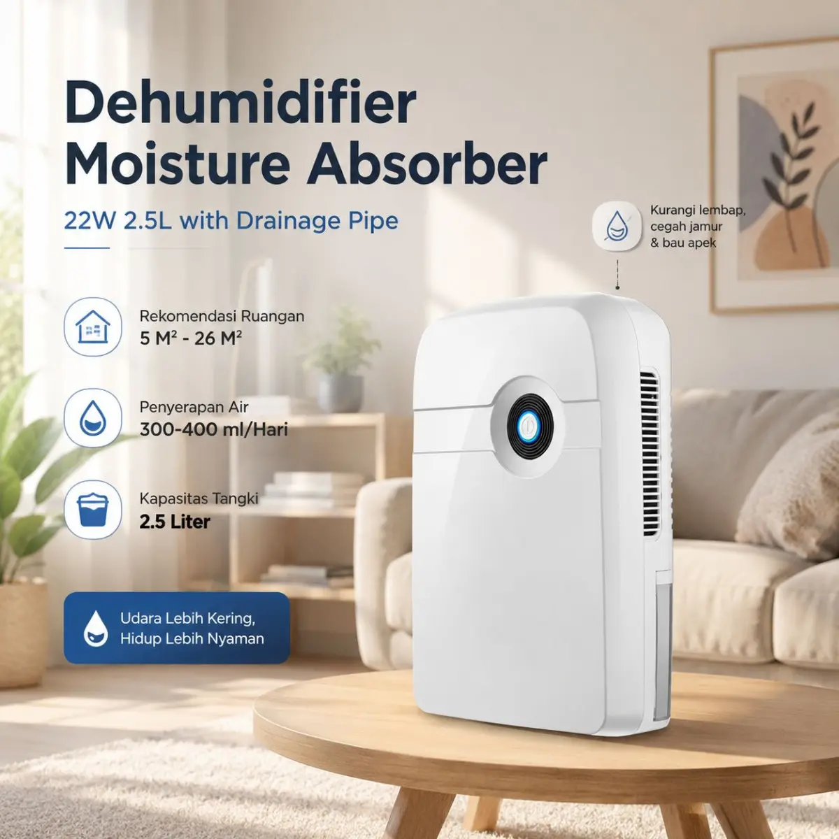 Dehumidifier Moisture Absorber 25W 2.5L with Drainage Pipe - CJ-2020-25