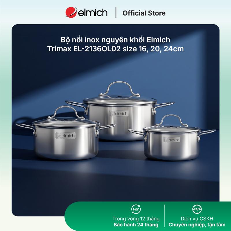 Bộ nồi size 16cm, 20cm, 24cm inox nguyên khối Elmich Trimax classic EL-2136OL02