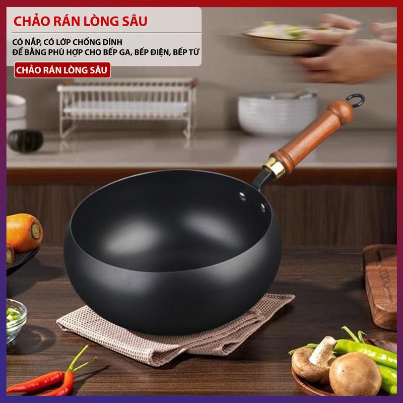 Chảo Rán Chống Dính, Chảo Rán Lòng Sâu Đế Bằng Sử Dụng Được Trên Bếp Ga, Bếp Từ, Bếp Điện Có Kèm Nắp Đậy