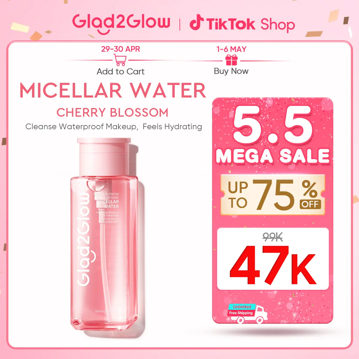 Glad2Glow Cherry Blossom Betaine Micellar Water Kotoran Kusam Remover Wajah Kapas Bersihkan