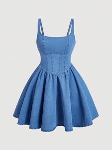 Vestido vaquero vintage con cintura de espinas de pescado, tirantes delgados, falda evasé de cintura alta, vestido corto esponjoso tipo paraguas, moda estilo retro