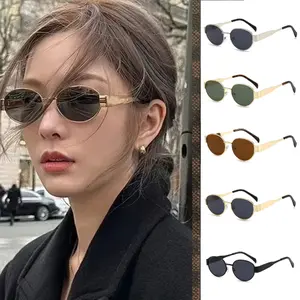 ( FREE BOX ) Kacamata Hitam Logam Wanita Elliptical UV400 Retro Oval Trendy Model Terbaru Kacamata Tabir Surya Wanita