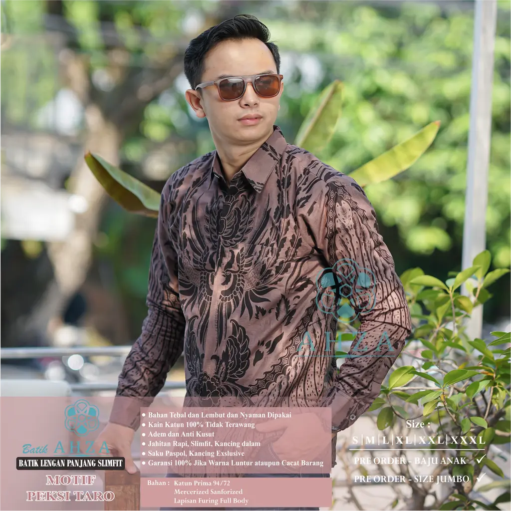 Motif PEKSI TARO / MAUVE - Ahza Batik - Kemeja Premium Pria - Full Furing Slim-fitting - Katun Baju Hitam Panjang