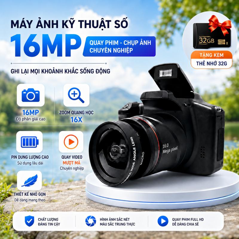 Máy ảnh kỹ thuật số, máy ảnh chụp hình 16MP, máy quay video Full HD, máy ảnh zoom quang học 16X, pin dùng lâu, thân máy nhỏ gọn, tặng thẻ nhớ 32GB, thích hợp du lịch, dã ngoại, sinh nhật và lưu giữ kỷ niệm đáng nhớ