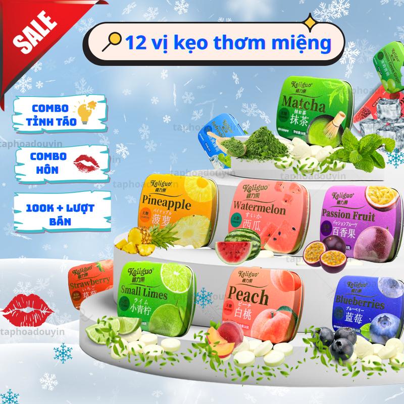[Không Đường] Kẹo thơm miệng Keligo 12 vị trái cây mát lạnh bạc hà vị hoa quả dạng Viên Kẹo Candy 23-25 viên/hộp Tạp Hóa Douyin