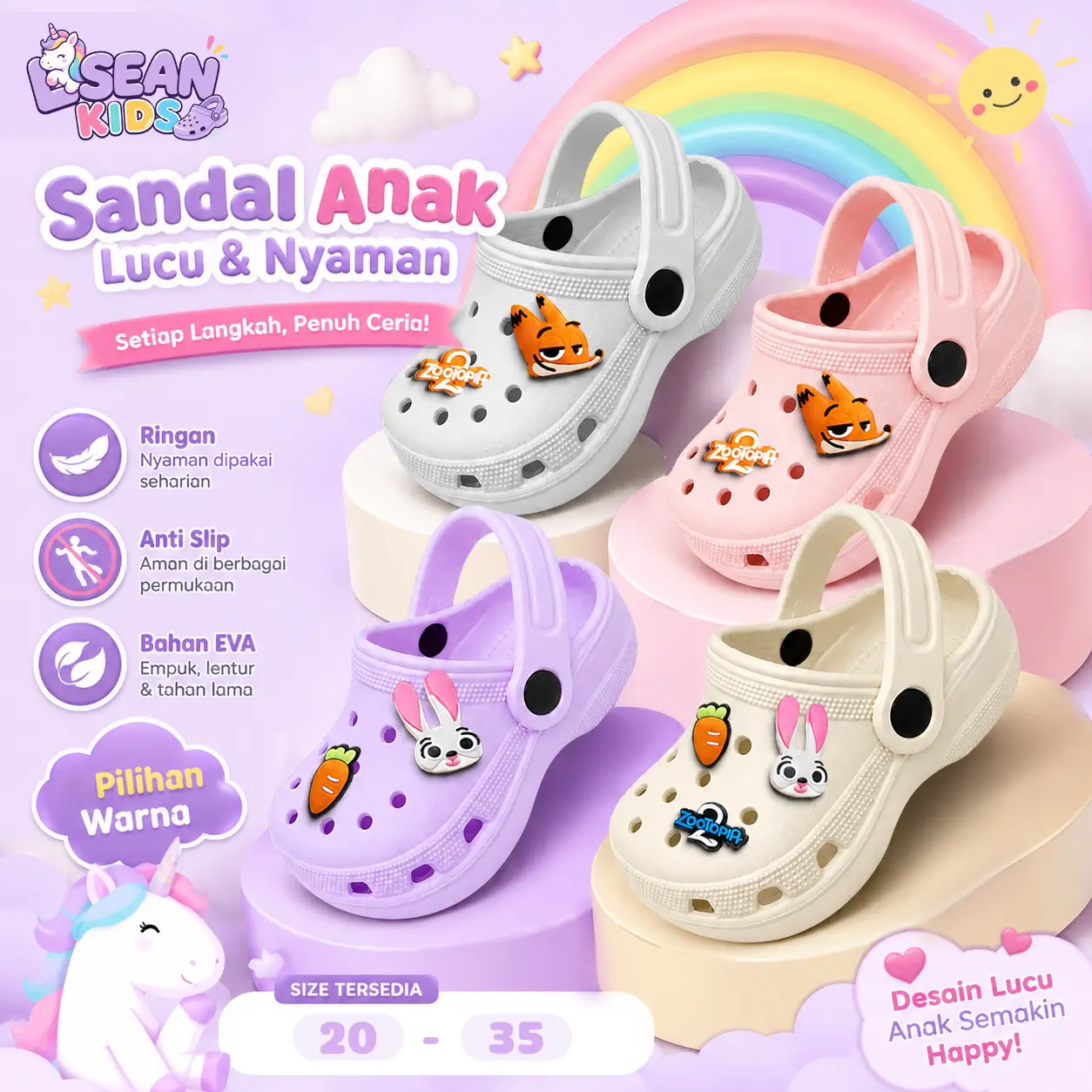 Sandal Baim Anak Laki-Laki dan Perempuan Model Kodok Bakpao Warna Pastel Macaron Dengan Hiasan Kartun Rubah Kelinci Lucu Anti Air Anti Slip