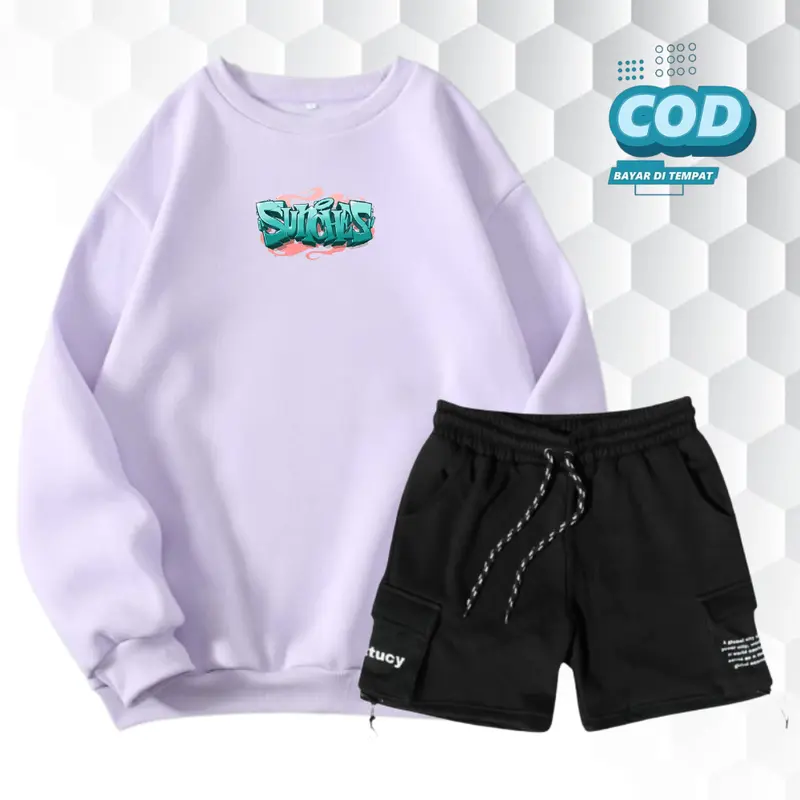 Setelan sdatu Set Crewneck Dan Celana Pendek Cargo Pria Wanita Distro Stelan Sweater Korean Style Bahan Fleece Brend Lokal Bandung Distro Size M L XL XXL Katun Polos Hitam Atasan  Dewasa outfit  cowok setelan hoodie cowok 1 set dewasa  Keren  Casual 2