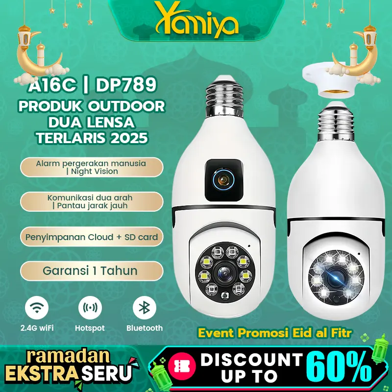 Yamiya V380 A16C & DP789 CCTV Bulb Dual Camera HD 1080P PTZ 355° 120° WiFi 2.4GHz Audio Dua Arah Keamanan Indoor Outdoor Terlaris 2025 Kamera Lensa Ganda 2MP Sensor Gambar H.264 Antarmuka Benang - Putih