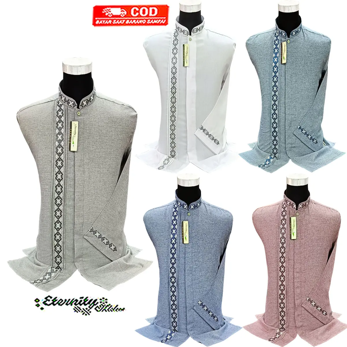 Baju Koko Pria Dewasa Bordir Kombinasi Lengan Panjang Katun Muslim Motif Eternity Moslem - Putih Baju Koko