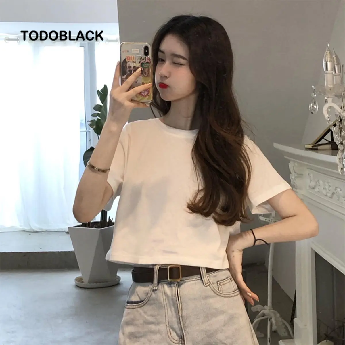 TODOBLACK Solid Color Loose Short Sleeve Cotton T-Shirt Women's Korean Basic Streetwear (Grey/White/Black)