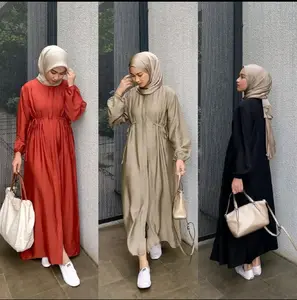 Dress Polos Linen Tali Pinggang Hazzel Best Seller fit kain Kancing Panjang Mewah Wanita Karet Muslim polo linen Casual Gamis Dewasa Polos Midi Remaja