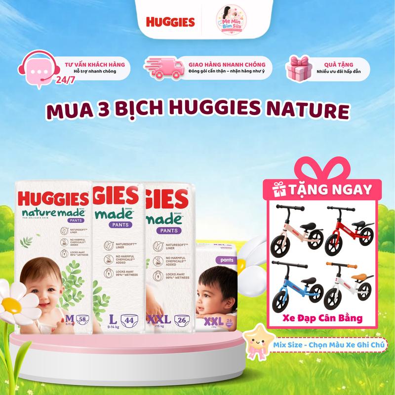Combo 3 Tã Dán - Quần Huggies Nature Size dán S82/ M64 Quần M58/L44/XL38/2XL26