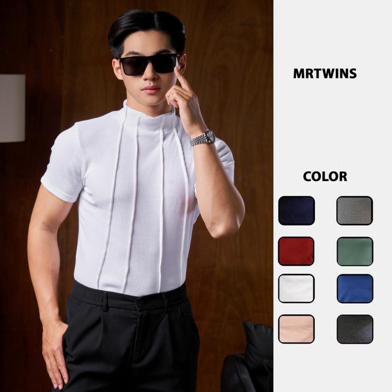 Áo Thun Nam Tay Ngắn Cổ Lọ Phối Xếp Ly Form Body Cotton Tăm Gân Thương Hiệu Mr Twins Nam Menswear