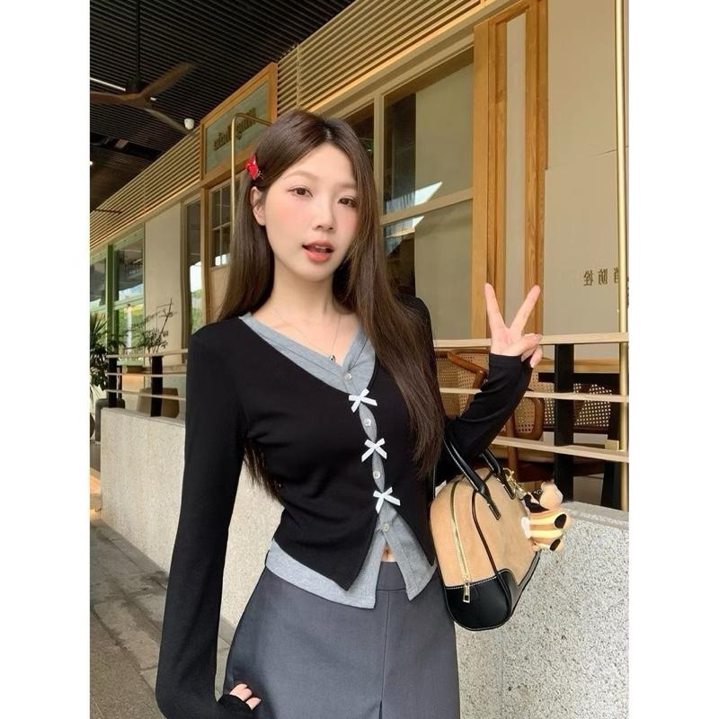 Bigsize 60-140kg áo thun kiểu phối nơ from ôm tay dài cổ chữ V