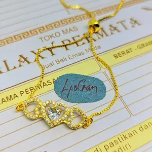 Emas muda gelang tangan wanita motif serut love bolong permata putih mewah