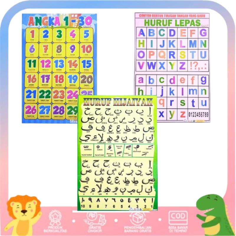 Paket 3 Poster Belajar Anak Edukasi Mengenal Huruf, Angka dan Hijaiyah 5
