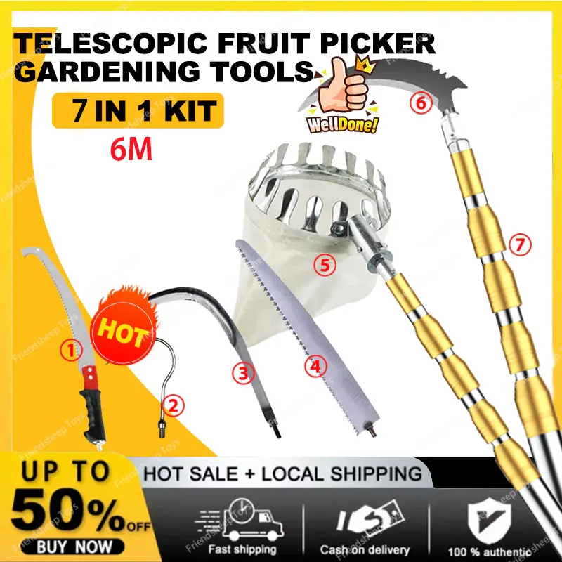 6M 6/7in1 Tongkat Panjang Untuk Petik Buah metal fruit picker Alat Petik Buah Tongkat Pemetik Buah Teleskopik 6Meter Tiang Teleskopic Jaring Celup Pemetik Buah Alat Petik Buah Serbaguna Bisa Pasang Gergaji