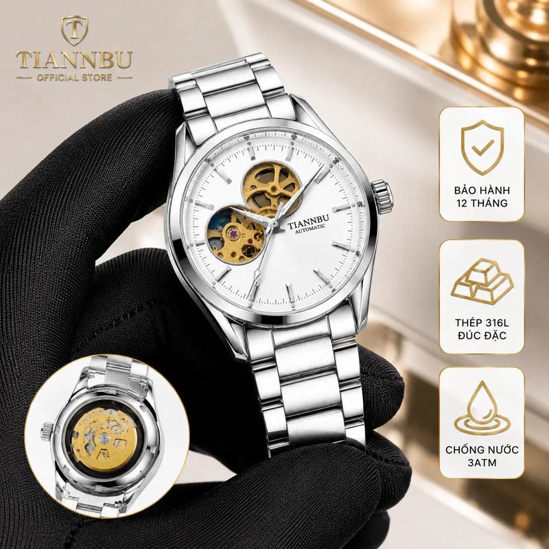Đồng hồ cơ TIANNBU Open Heart, Lộ Máy Tinh Xảo, Thép 316L , Khóa 2 Chiều Đeo Tay Watch Nam