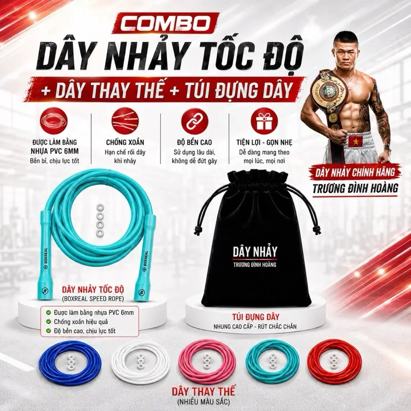 Combo Dây Nhảy Tốc Độ Boxreal Trương Đình Hoàng, Đường Kính 6mm + Dây Thay Thế 6mm - Tặng Kèm Túi Đựng Nhung Xịn Xò