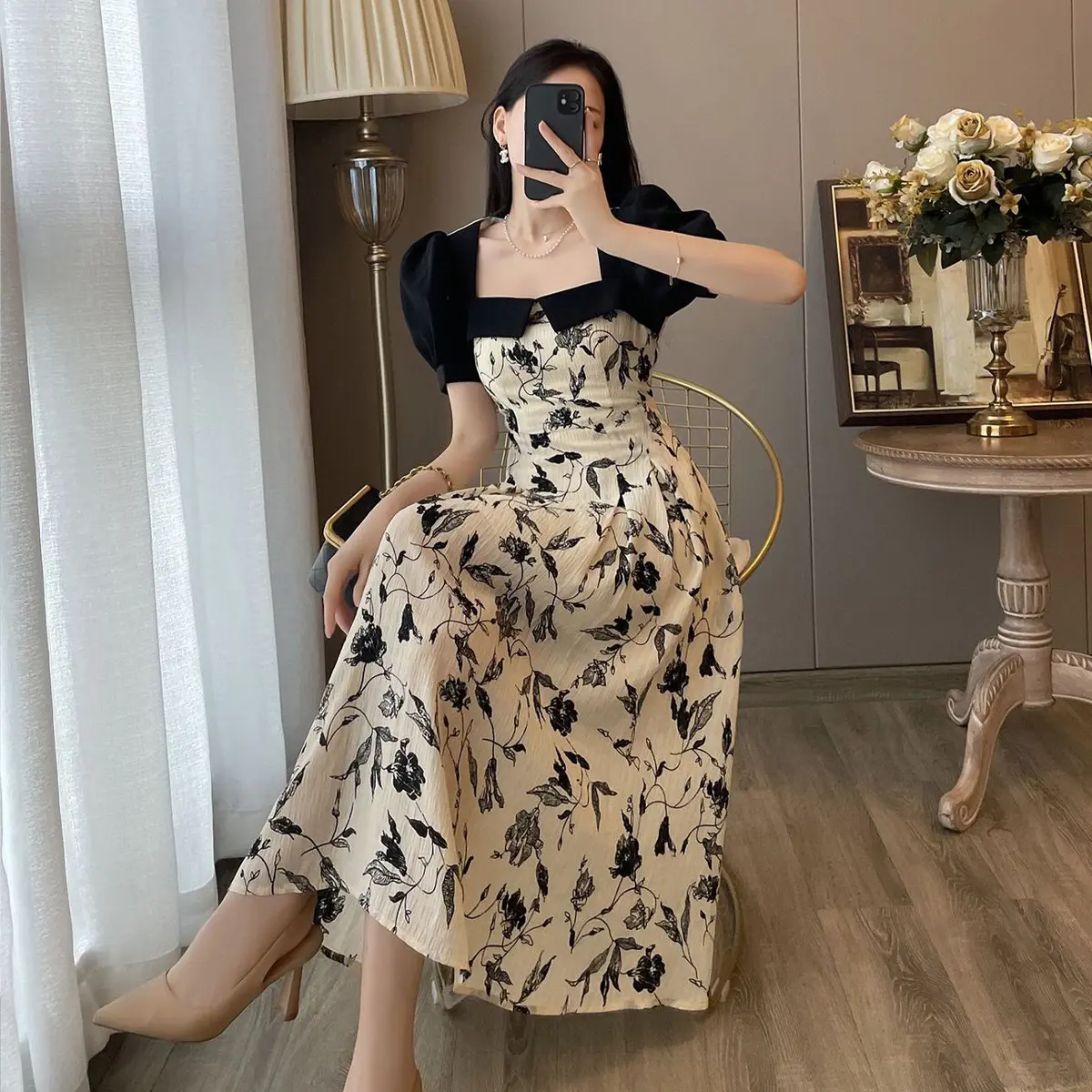 Dress Korean Style Wanita Terbaru Baju Midi Elegant DK8 Casual Hitam Nyaman Panjang Polyester Simple