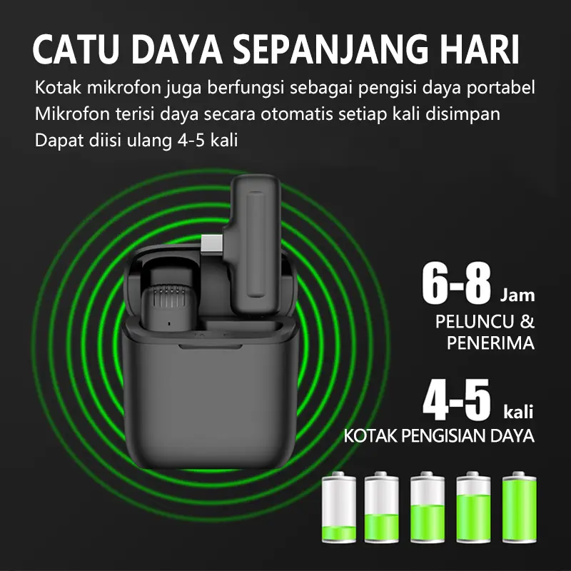 Topspot Mikrofon lavalier mini dengan casing pelindung dan pengisi daya, mikrofon nirkabel portabel plug-and-play,ponsel pintar/komputer/kamera Android, siaran langsung video pendek , mengisi daya ponsel Anda saat merekam Mic Microphone Wireless Bluetooth 4