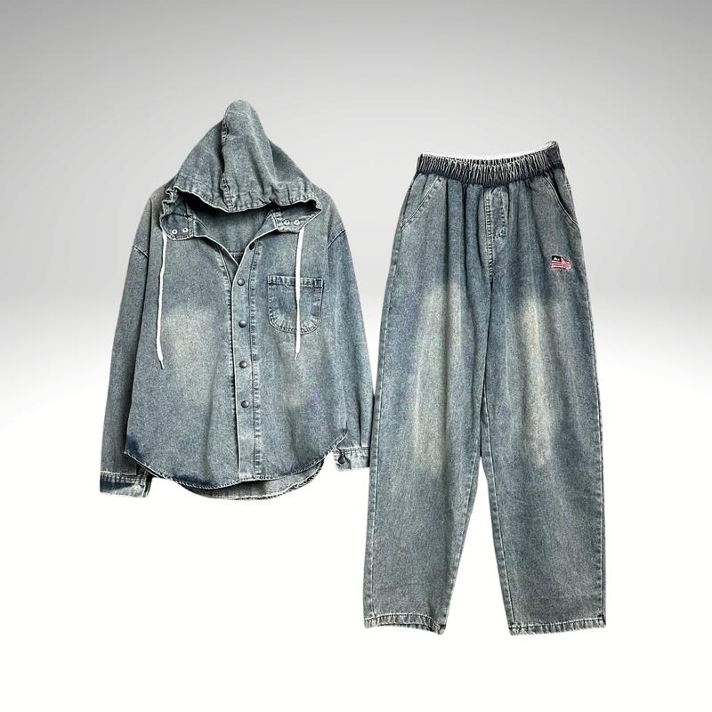 Set Jean B66 Áo Tay Dài Mũ - Quần Baggy Có Thêu Hình Cơ Xinh Phom Thụng- Chất Jean Mềm Thơì Trang Bộ Nữ Với Phong cách Trẻ Năng Động