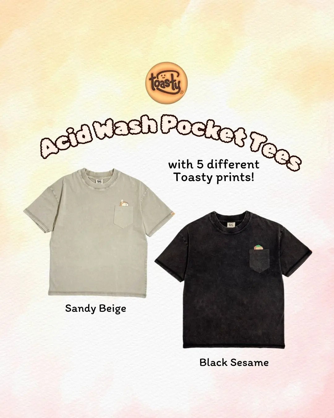 Tasty Toastys Acid Wash 100% Cotton Pocket Tee with 5 different Toasty Prints!