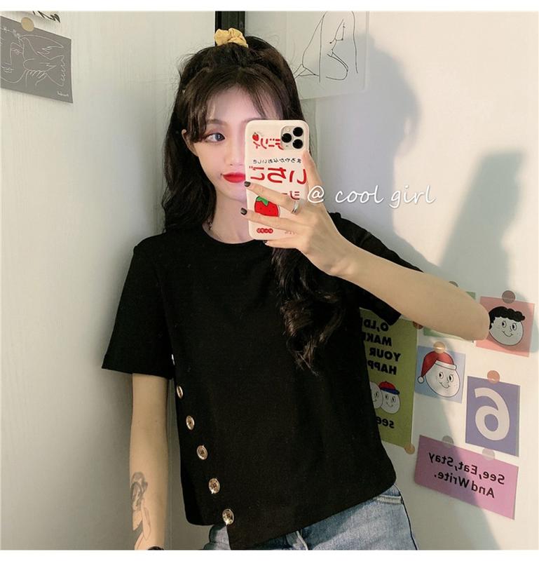 Product Introduction of Women's Short-Sleeved T-shirt 2020 Summer New Fashionable Stylish Ins Trendy Korean Versatile Short Type Design Sense Niche Top 9
