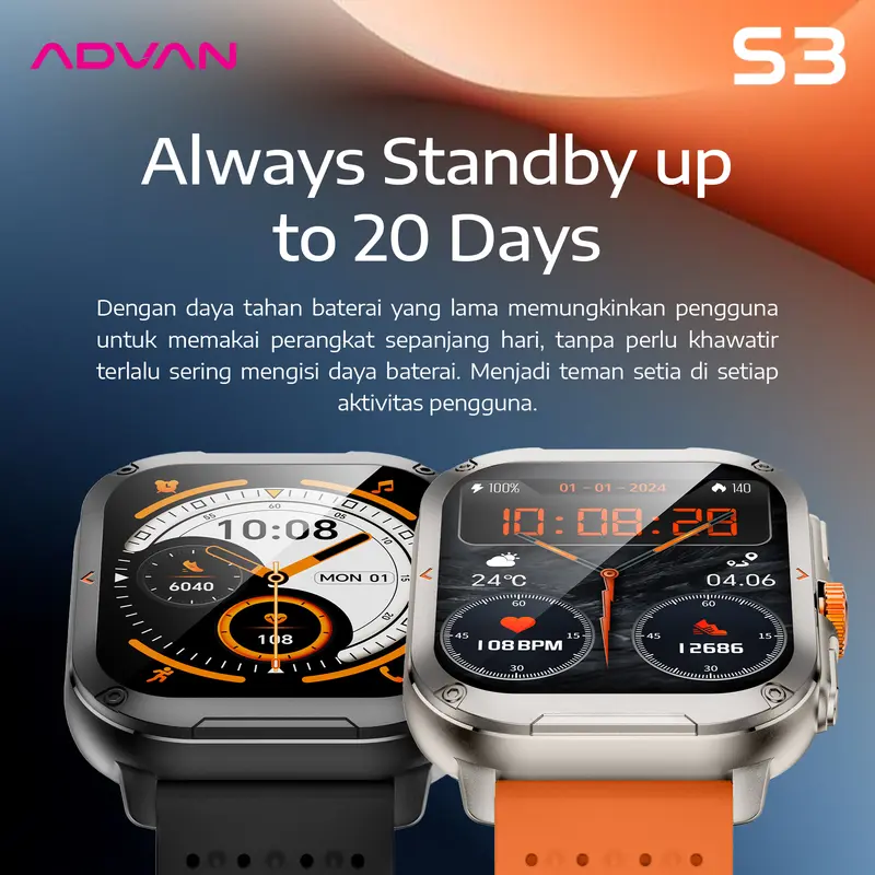 ADVAN Smartwatch S3 1.99" inch up to 15 Days IP68 Waterproof 300mAh AI Assistant Bluetooth 5.3 7