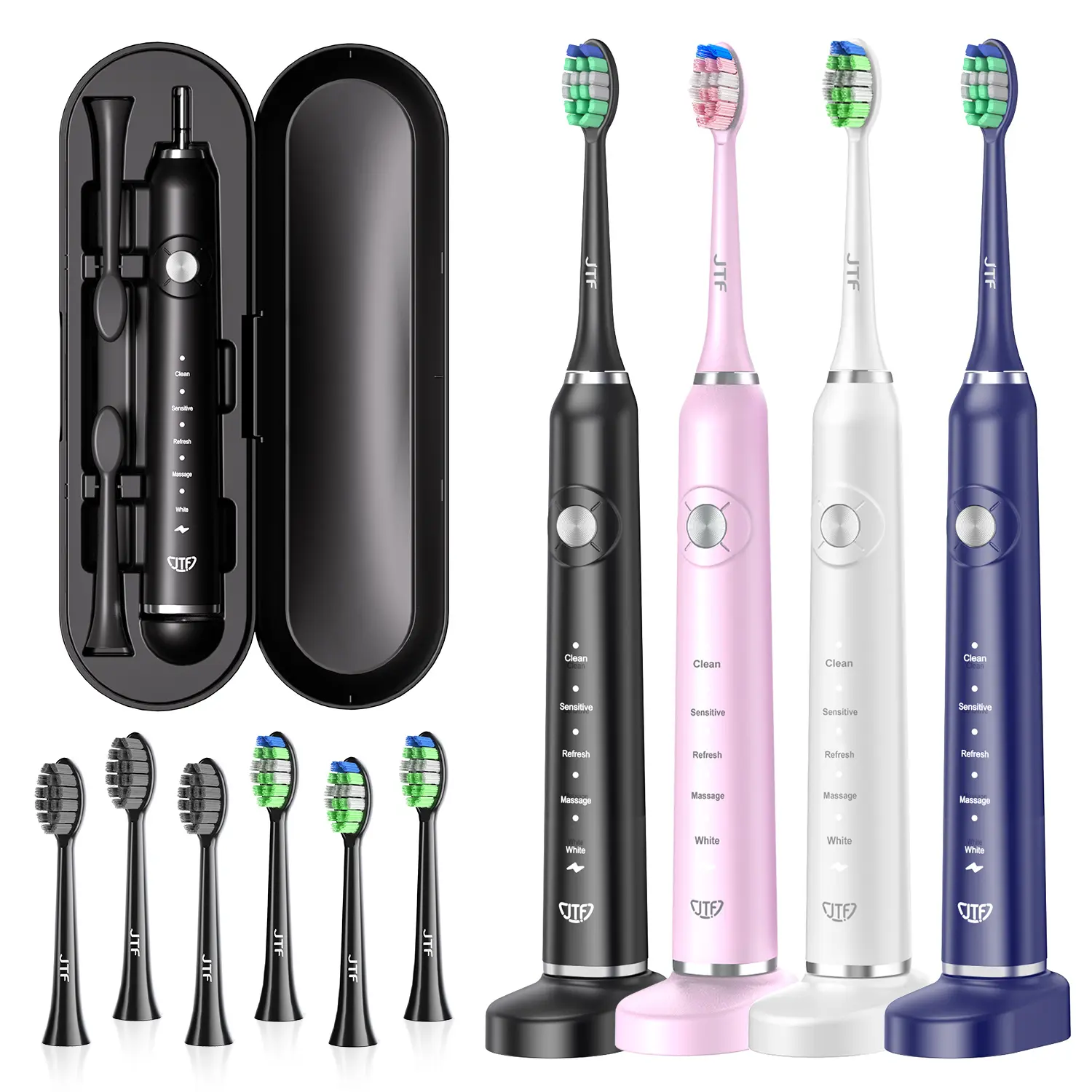 JTF Sonic Electric Toothbrush - with Travel Case and 6 Brush Heads, Fast Charging toothbrushes for 60 Days Long Lasting, 5 Modes Power Toothbrush braces  electric