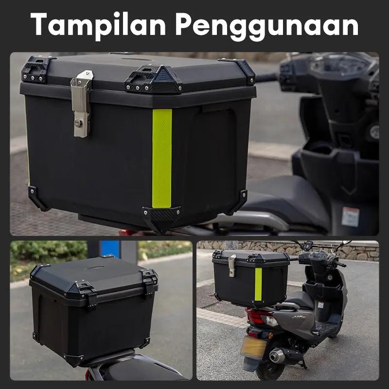 【100% barang asli 】48 L Kapasitas Besar Tahan air Box Belakang Motor Kotak penyimpanan MOTOR MURAH ABS belakang sepeda motor untuk Gunung sepeda motor dengan lampu strip reflektif suku cadang bagasi bak truk Tail Top Box Almunium Alloy Case Motorcycle