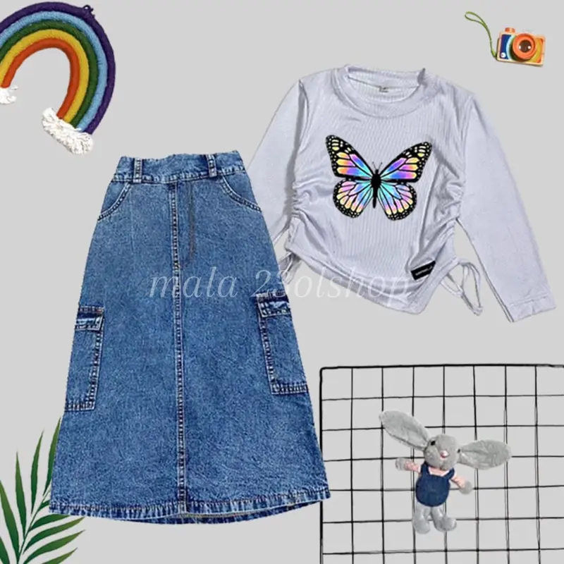SETELAN ANAK PEREMPUAN / ROK JEANS KARGO & KAOS KNIT SABLON 4
