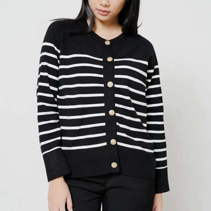 This Is April Outer Wanita Knit Lengan Panjang Striped Aurelie Cardigan Ivory dan Black 6