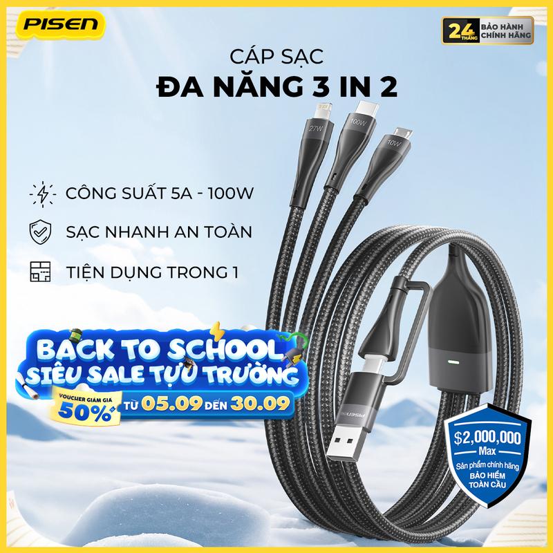 [PISEN] Cáp Sạc Nhanh 3 IN 2 | An Toàn, Bảo Vệ Thiết Bị, Sạc Nhanh Chơi Game, Tương Thích Android/IOS | PISEN PRO - Mars God | AP-FC15-1200 | Bảo Hành 18 Tháng (Kích Hoạt PCARE + 6 Tháng) | Bảo Hiểm 2 Triệu Đô Toàn Cầu