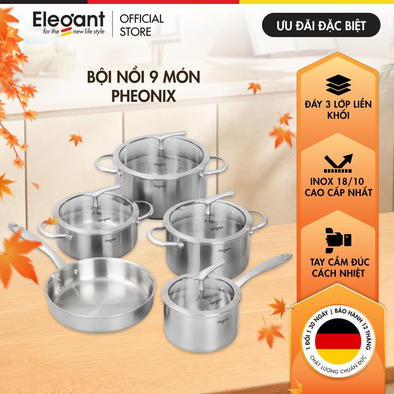 Bộ Nồi Elegant PHOENIX 5 Món - Inox 18/10, 3 lớp đáy liền khối, phù hợp mọi loại bếp