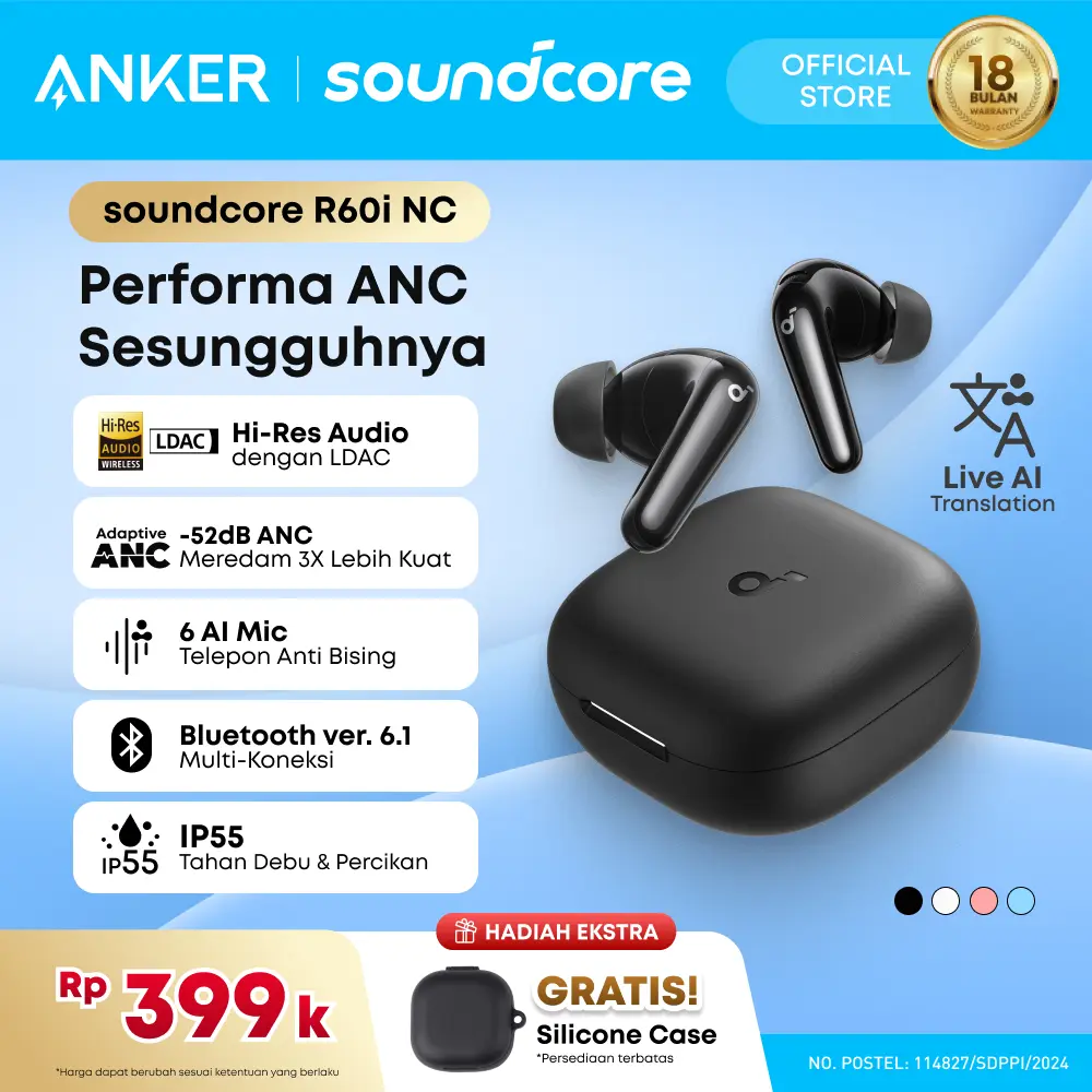 Soundcore R60i NC (R50i NC Upgrade) by Anker, Real-Time Adaptive Noise Cancellation, Hi-Res Sound, AI Translation Earbuds, 50H Playtime, Wireless Earbuds, Bluetooth Earphones, Spatial Audio, Fast Charging, IP55 - D1202